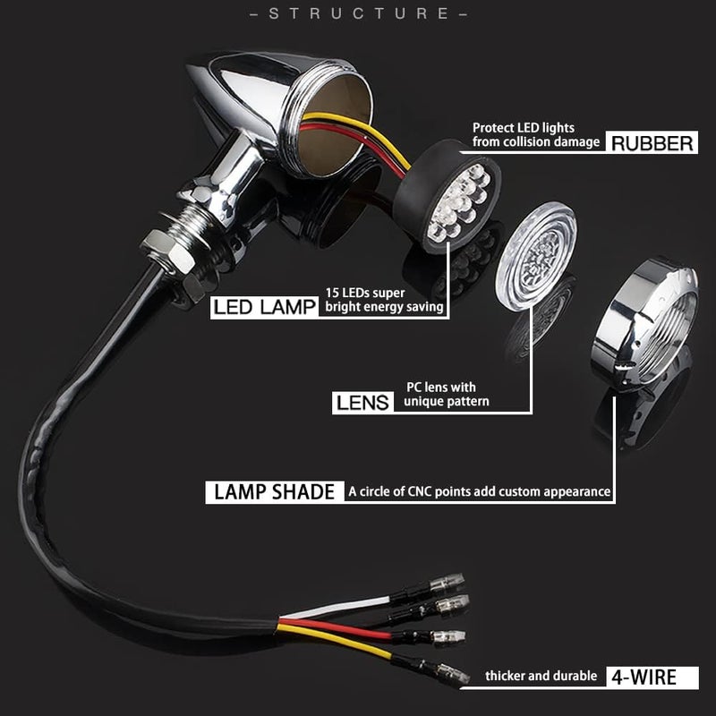 KICRY Motorcycle LED Turn Signals Bullet Blinker Heavy Duty Indicator Lights Amber Lens Universal for Harley Davidson Honda Yamaha Suzuki Kawasaki (Chrome-4wire) - Image 5